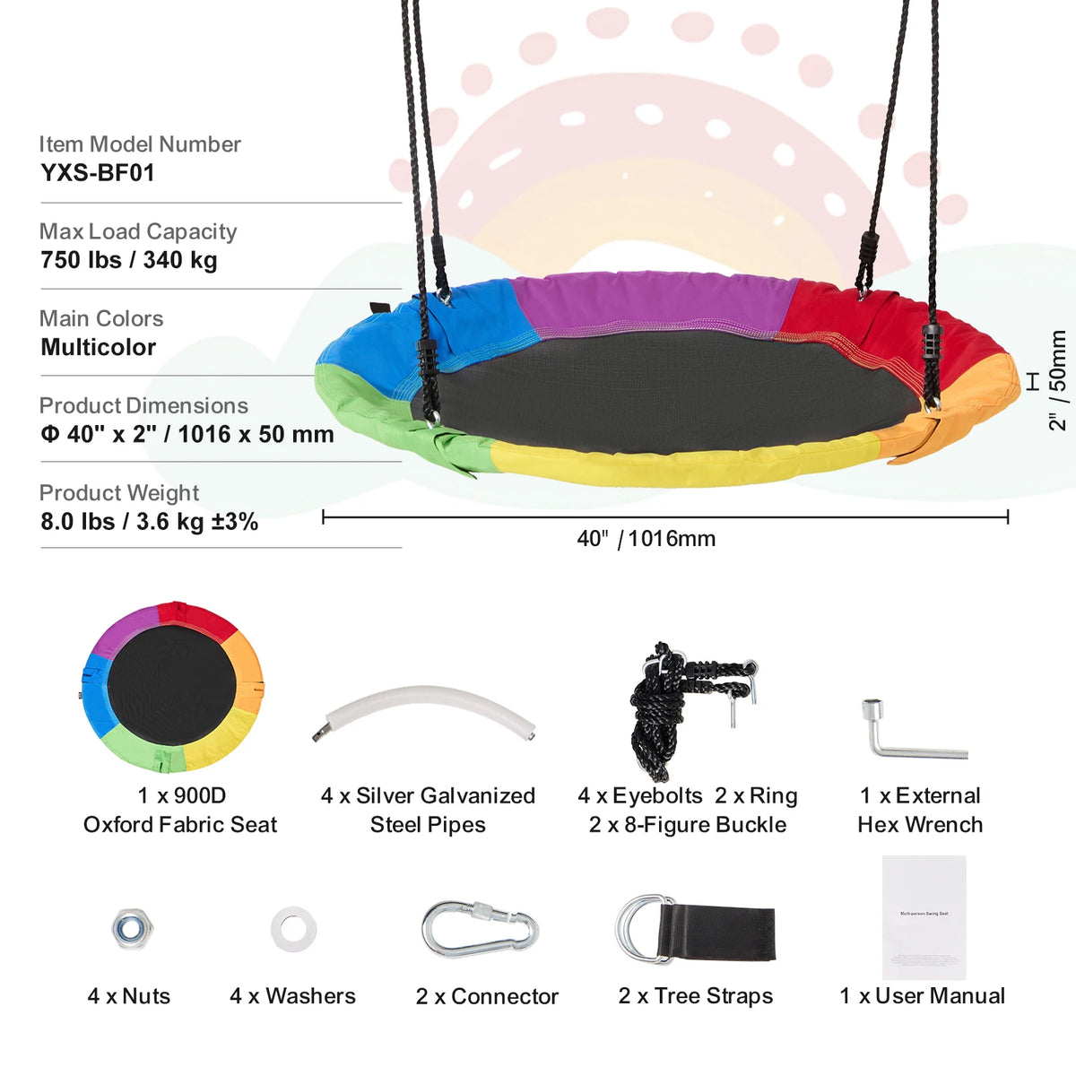 SucceBuy Tree Swing Saucer Round Swing 750lbs &ndash; Sturdy Ropes Multicolor 750lbs / spain