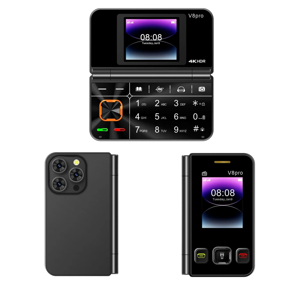 Two Screen Folding Pocket Phone &ndash; Large Push Button Dialing Black / add 16G TF card