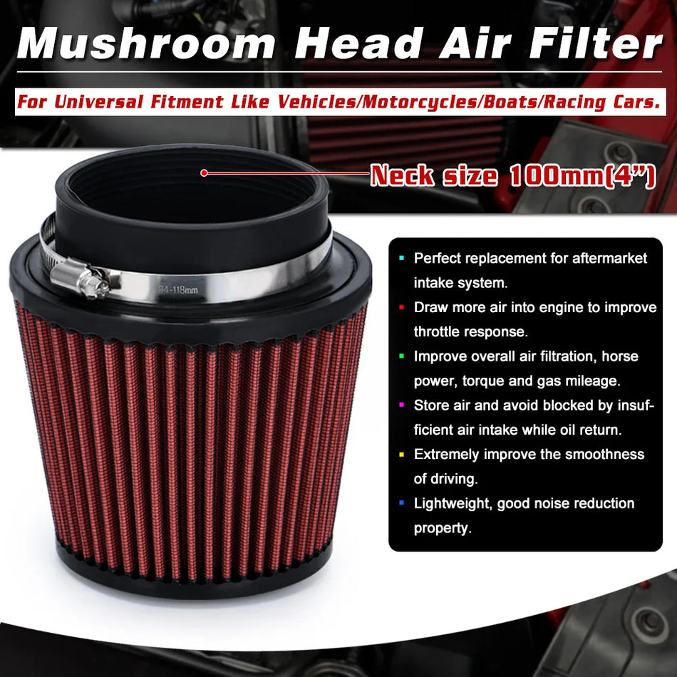 Filtru de aer pentru mașină cu flux mare, intrare de 4 inci (100mm), element din bumbac reutilizabil