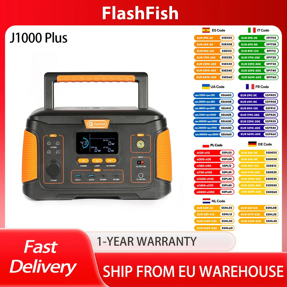 Flashfish J1000 Plus 1000W Portatīvā Enerģijas Stacija Ar 932.4Wh Akumulatoru, 15W Bezvadu Uzlāde, Saules Rezerves