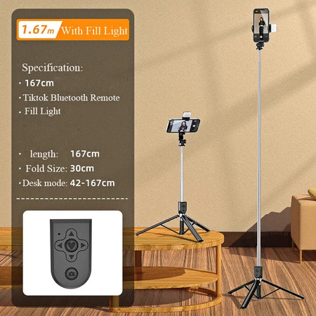 Erilles 1.67M Bluetooth Wireless Selfie Stick Tripod with Fill Light With Fill Light / CHINA