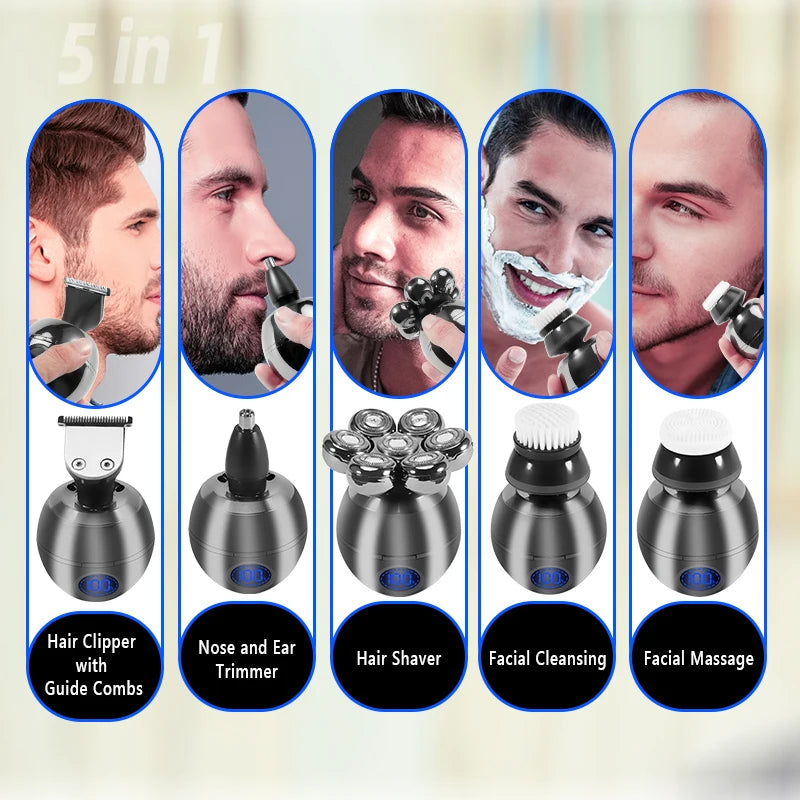 5-in-1 Waterproof Electric Head Shaver for Bald Men with Floating Cutter and Grooming Attachments