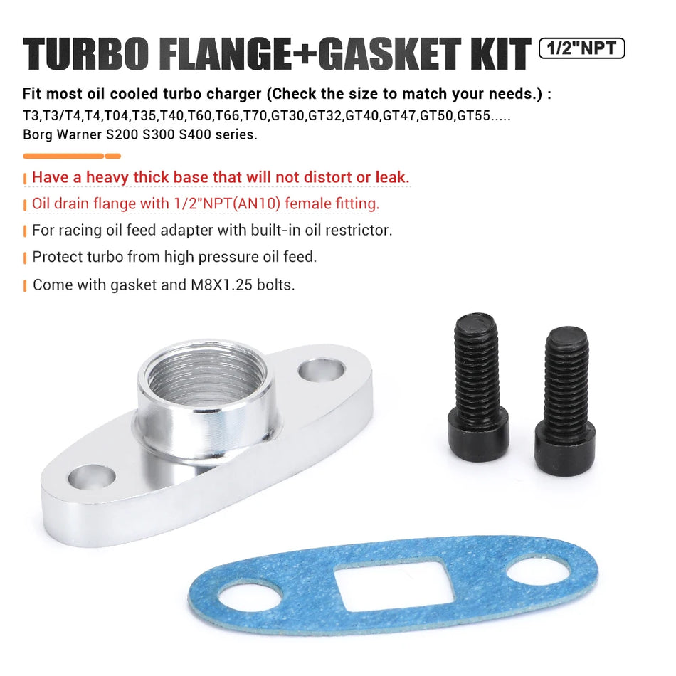 PQY Flanșă de Turbo pentru Drenaj de Ulei din Aluminiu 1/2 NPT pentru T3-T04, cu Garnitură
