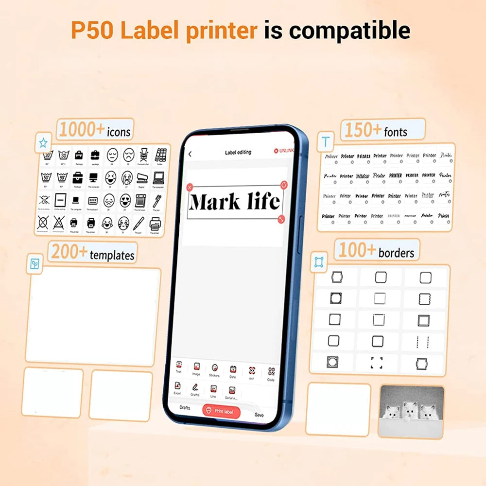 Marklife Mini Bluetooth Thermal Label Printer - Compact &amp; Portable Ink-Free Sticker Maker