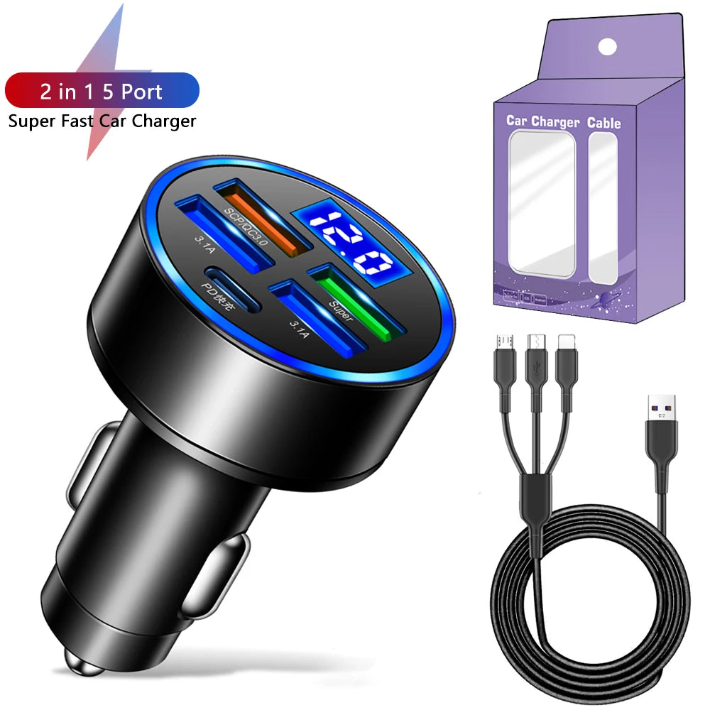 250W 5-Port Fast Charge Car Charger Charger And Cable