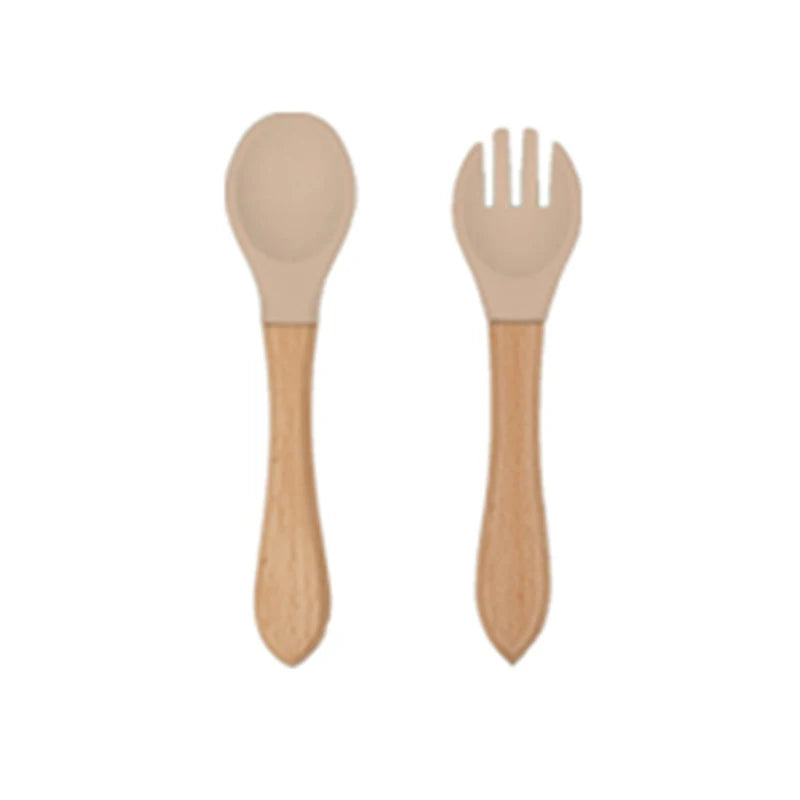 Soft Silicone Fork and Spoon Set for Babies Beige-2Pcs
