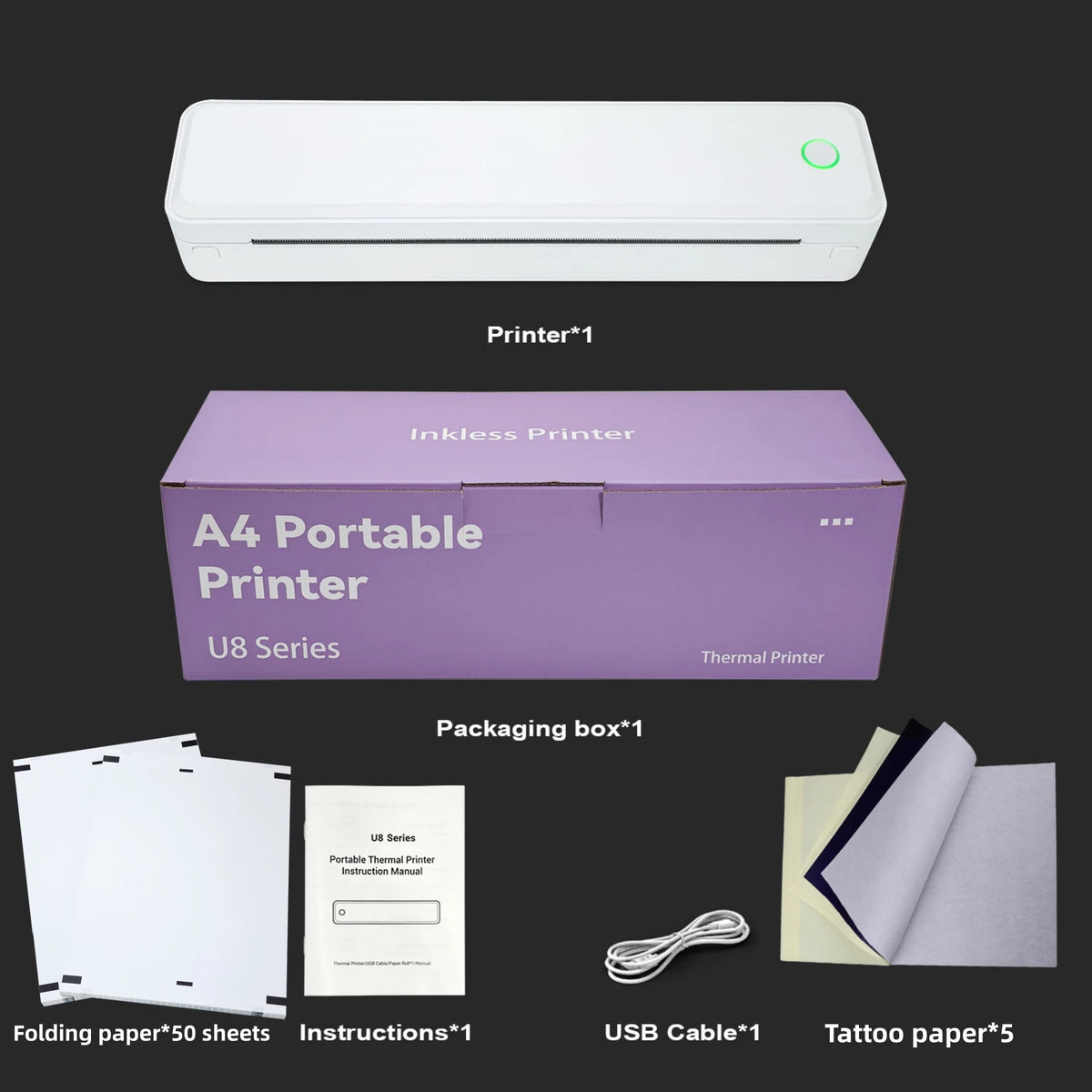 Hztz Portable Bluetooth Thermal Printer &ndash; Tattoo Printing U8 50 sheets paper