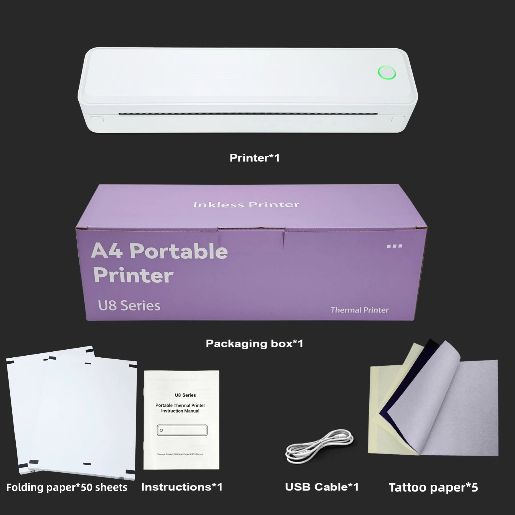 Hztz Portable Bluetooth Thermal Printer &ndash; Tattoo Printing U8 50 sheets paper