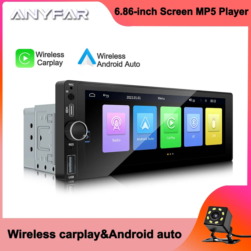 Универсално 1 Дин Безжично CarPlay Android Auto Автомобилно Стерео, 6.86-инчов Тъчскрийн