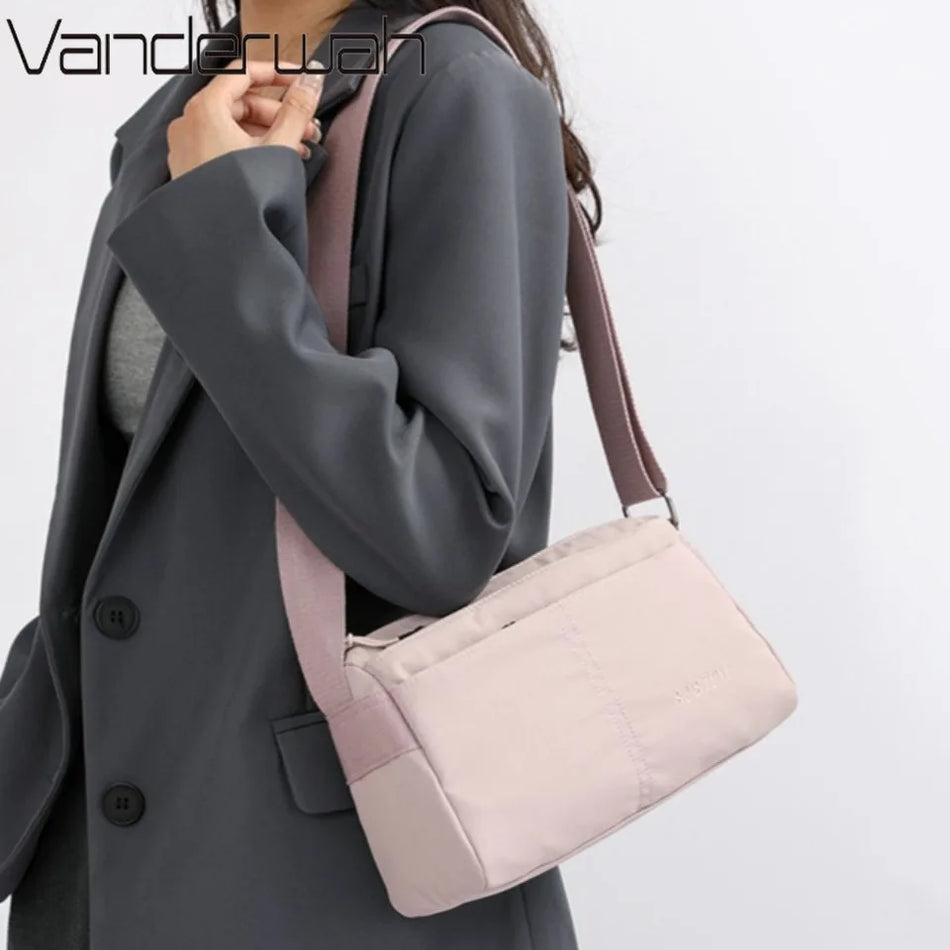 Nylon Four-Layer Pockets Women Shoulder Bag with Crossbody, Soft Luxury Handbag for Women