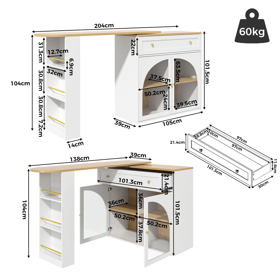 Rozsuwany Stół Barowy Z 360 Stopniowym Obrotem Szklanych Półek