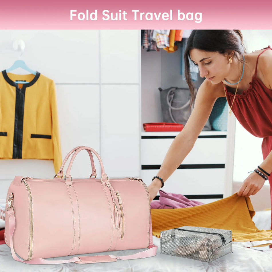Bolsa de ropa convertible rosa para mujeres de cuero PU para viajar