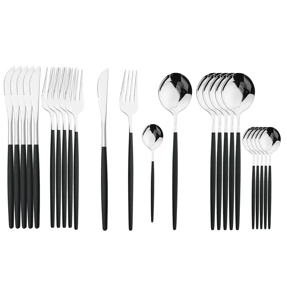 24Pcs Stainless Steel Dinnerware Set &ndash; Eco-Friendly Flatware Collection Black Silver