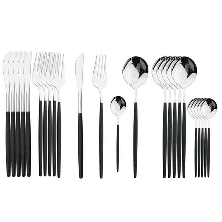 24Pcs Stainless Steel Dinnerware Set &ndash; Eco-Friendly Flatware Collection Black Silver