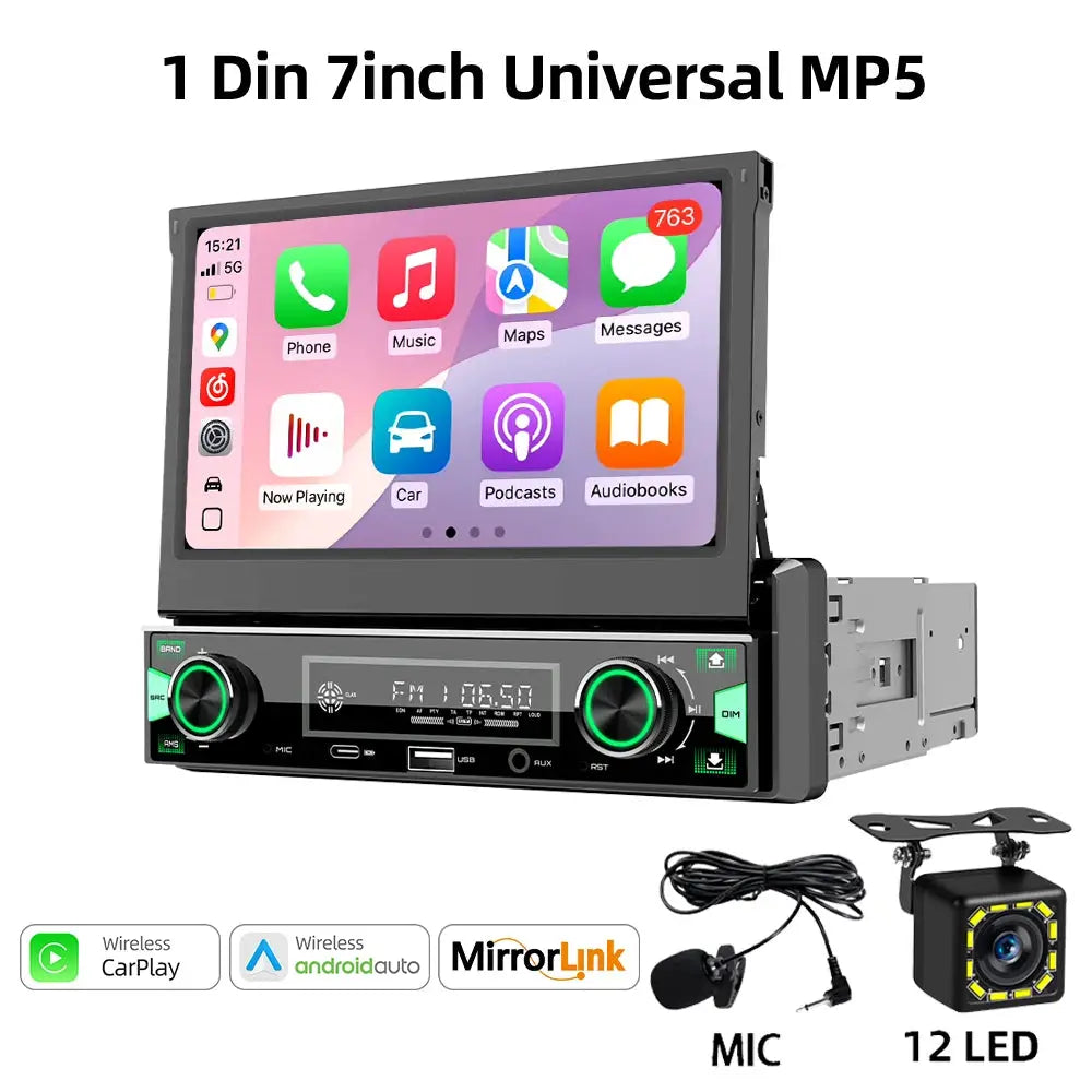 1DIN 7Inch MP5 Car Radio Player FM AM RDS Automatic Retractable IPS Touch Screen Wireless CarPlay Android Auto Car Stereo GPS by InterCyprus Trading Ltd