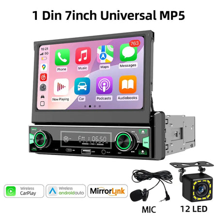 1DIN 7Inch MP5 Car Radio Player FM AM RDS Automatic Retractable IPS Touch Screen Wireless CarPlay Android Auto Car Stereo GPS by InterCyprus Trading Ltd