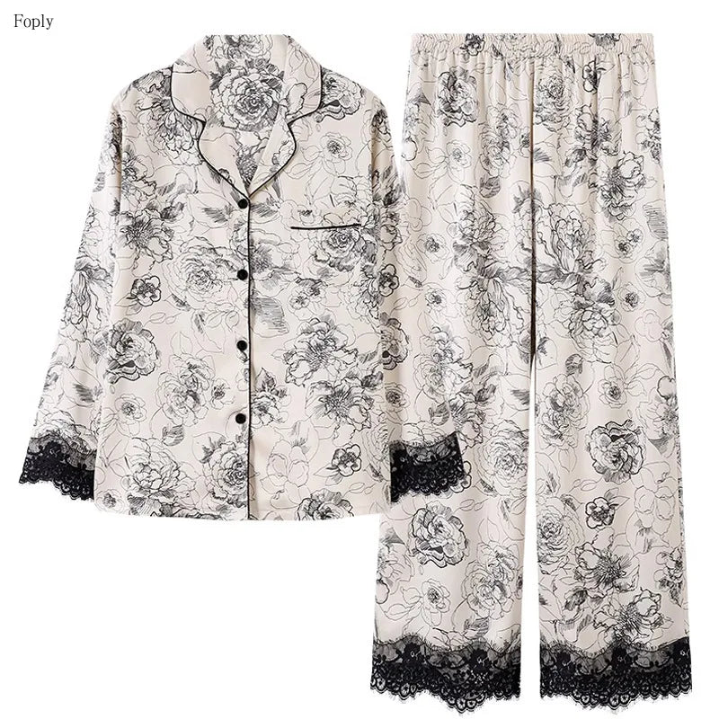 Flower Print Lace Two-piece Satin Pajamas for Women - Spring &amp; Autumn 8268 / XL (55-60kg)
