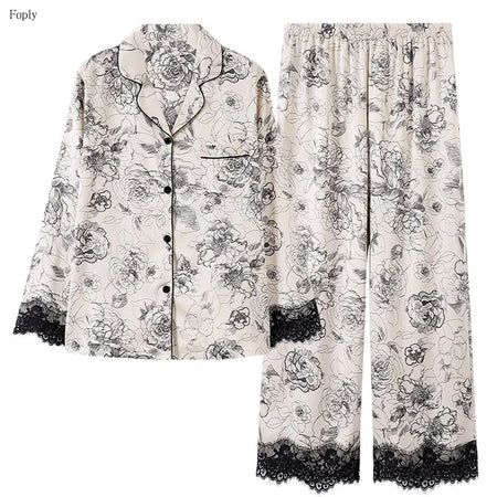 Flower Print Lace Two-piece Satin Pajamas for Women - Spring &amp; Autumn 8268 / XL (55-60kg)