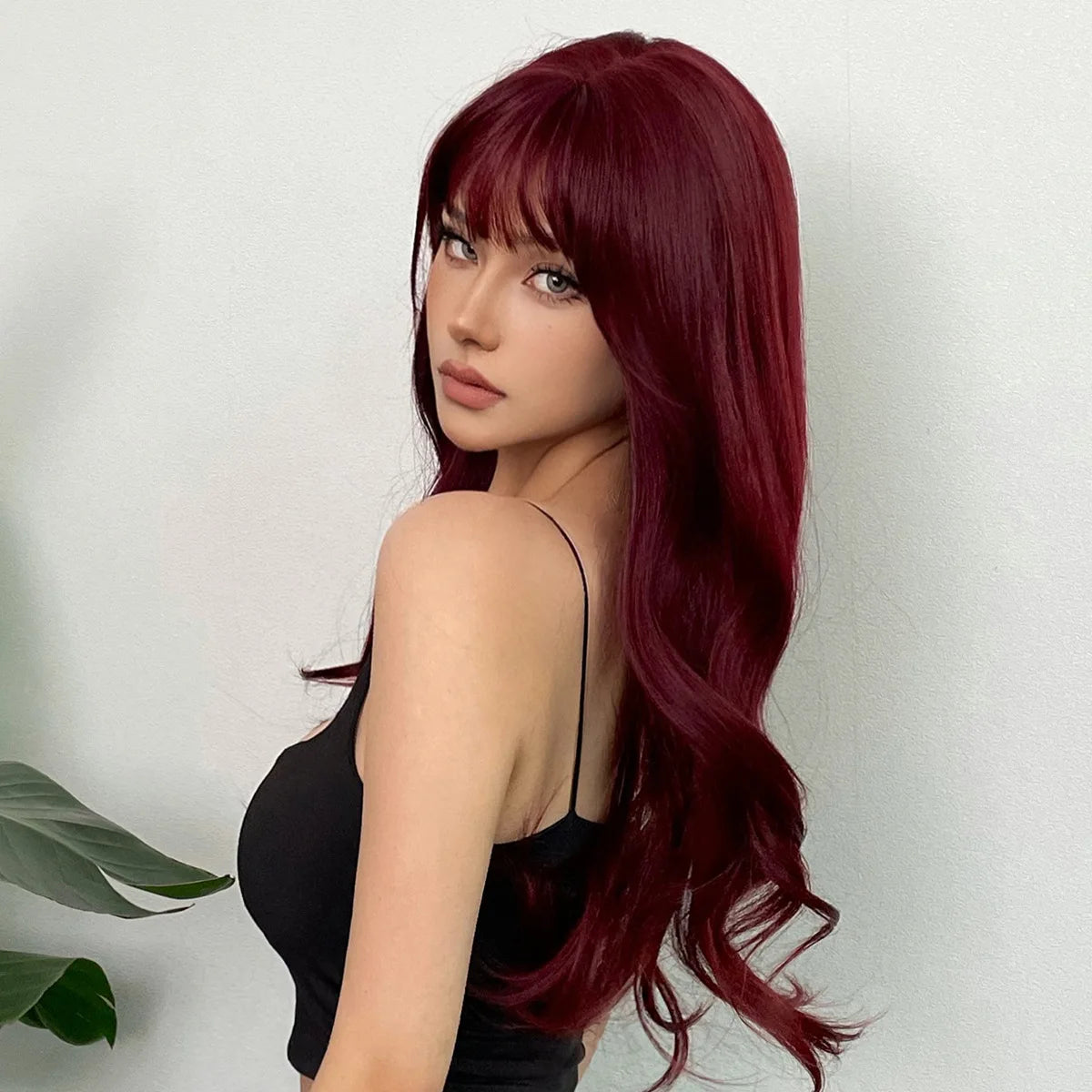 Wine Red Long Curly Synthetic Wig with Bangs - Heat Resistant &amp; Daily Wear