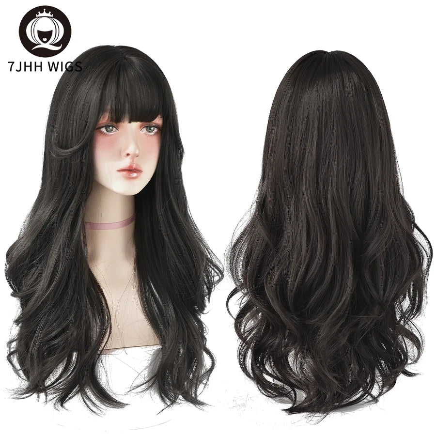 7JHH WIGS Brown Ash Long Deep Wave Wig with Bangs C8291-1