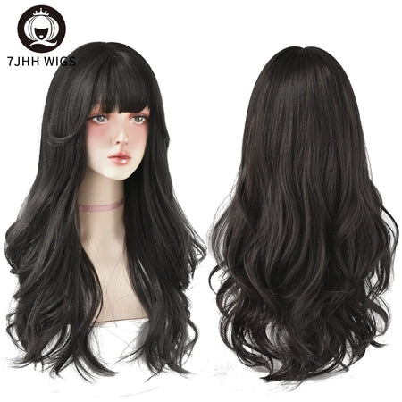 7JHH WIGS Brown Ash Long Deep Wave Wig with Bangs C8291-1