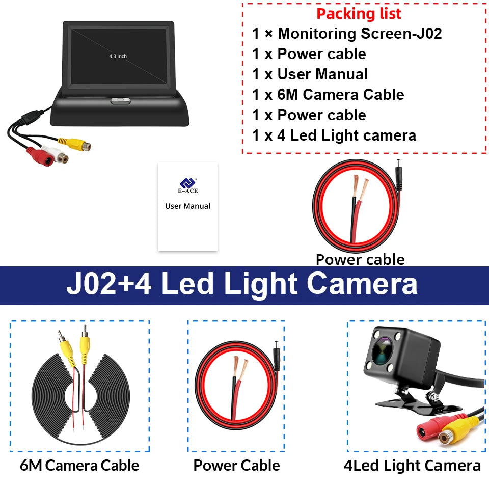 E-ACE 4.3 Inch Car Rear View Monitor - Folding Easy Install J02-4 Led Camera