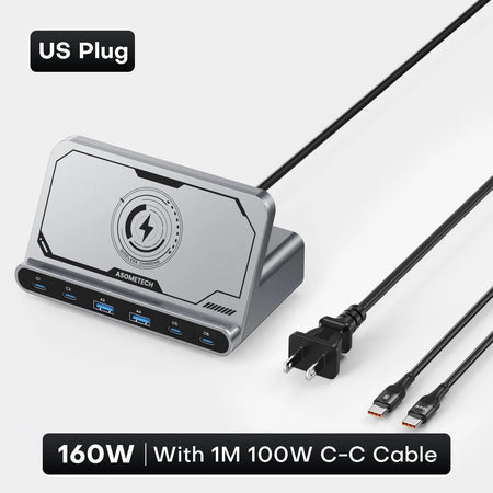 ASOMETECH 160W 7in1 USB C Fast Charging Station &ndash; Ultra-Fast Wireless Charging for Multiple Devices US Plug With Cable