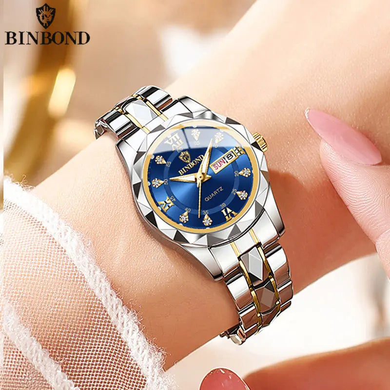 BINBONG Luxury Ladies Quartz Watch - Waterproof &amp; Luminous Gold jian Blue Ms