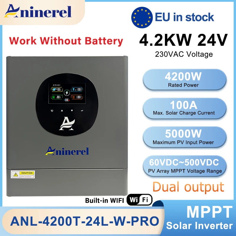 Aninerel 4.2KW 24V Hybrid Solar Inverter With Dual Output, Color LCD Display, MPPT 100A, Built-In WiFi