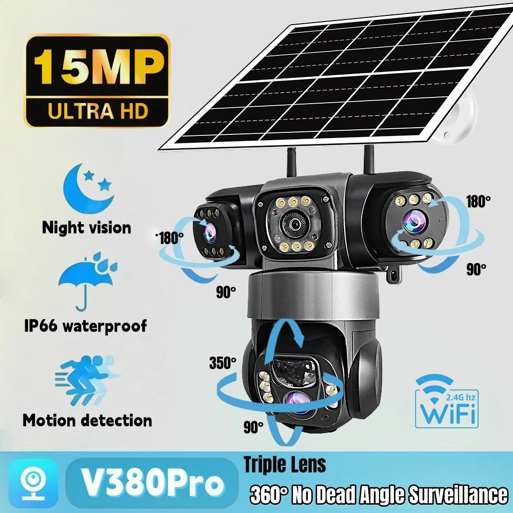 V380 Pro WIFI IP Solar Camera Outdoor 15MP Triple Lens Triple Screen Security Video Monitor Night Vision Waterproof CCTV Camera
