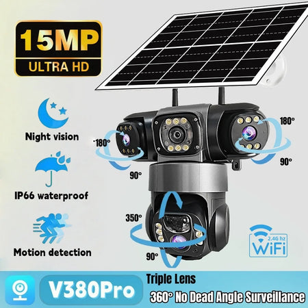 V380 Pro WIFI IP Solar Camera Outdoor 15MP Triple Lens Triple Screen Security Video Monitor Night Vision Waterproof CCTV Camera