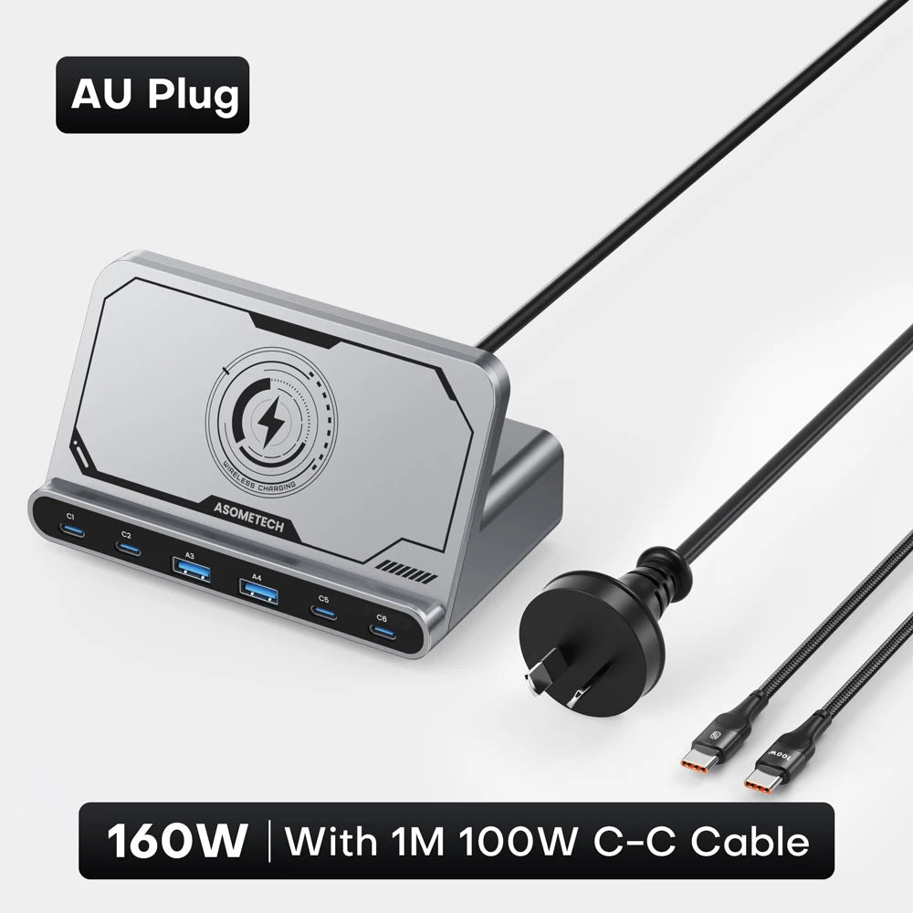 ASOMETECH 160W 7in1 USB C Fast Charging Station &ndash; Ultra-Fast Wireless Charging for Multiple Devices AU Plug With Cable