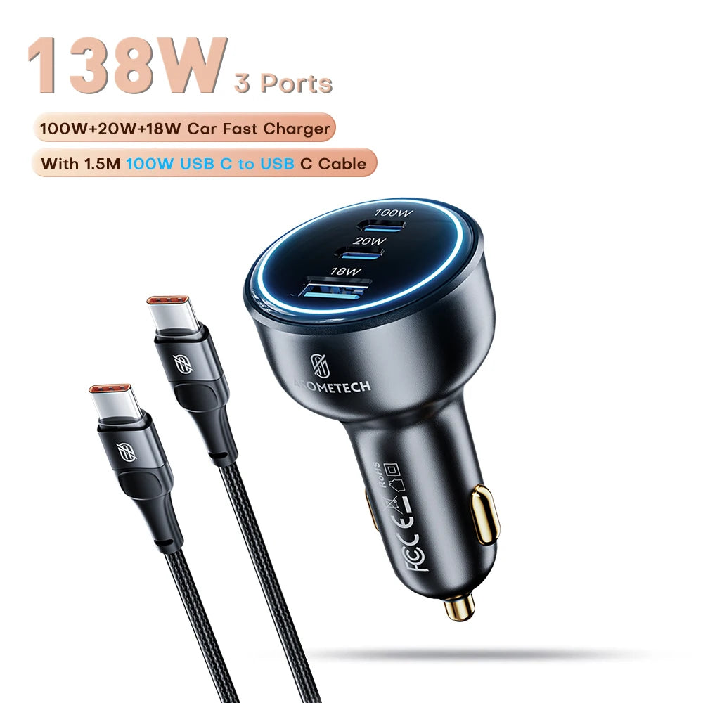 ASOMETECH 138W Car Charger &ndash; Ultra-Fast Charging for Phones and Laptops With 100W Cable