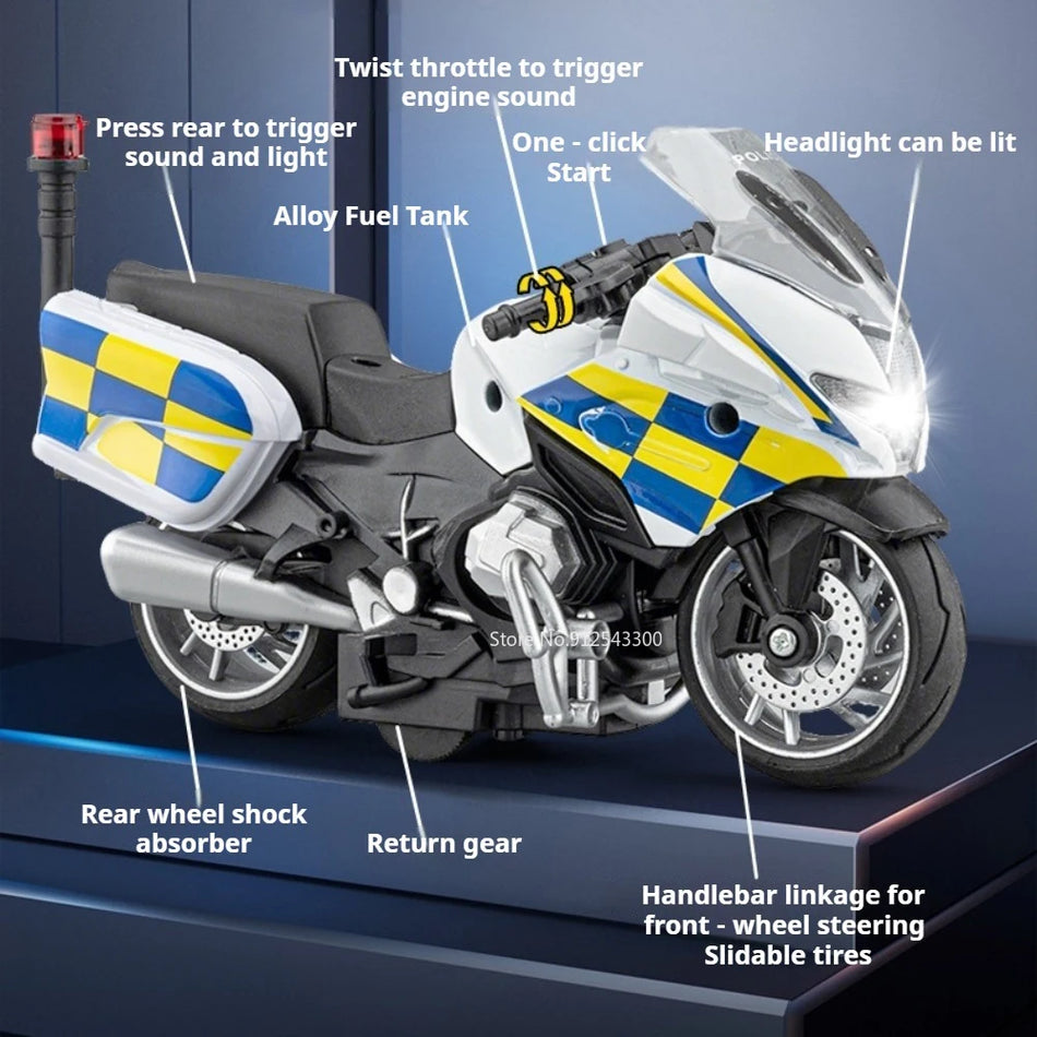 Model de motocicletă diecast R1250RT la scară 1:14 cu sunet și lumină, cu retragere.