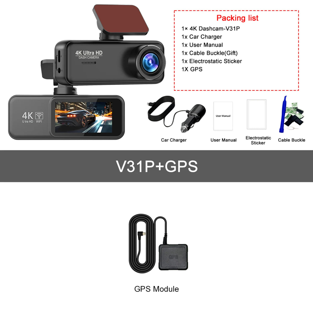 Kocam 4K Dash Cam Front and Rear &ndash; Dual Channel Night Vision Recording V31P-GPS / 64G