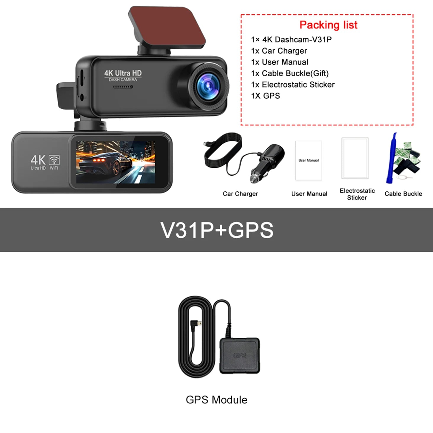 Kocam 4K Dash Cam Front and Rear &ndash; Dual Channel Night Vision Recording V31P-GPS / 64G