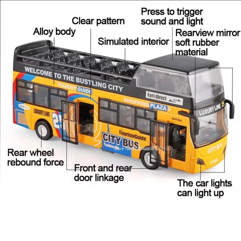 Model avtobusa na dvojnem nivoju 1:32 iz diecast materiala s zvokom in lučmi, potegni nazaj.