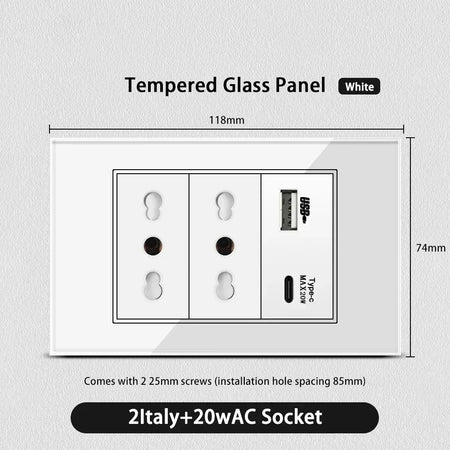 White Glass USB TypeC Wall Socket &ndash; Smart WiFi Switch Glass White / 2Italy 20w AC