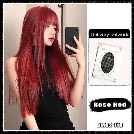 Forlisee Matte Wine Red Long Straight Wig with Bangs #1B
