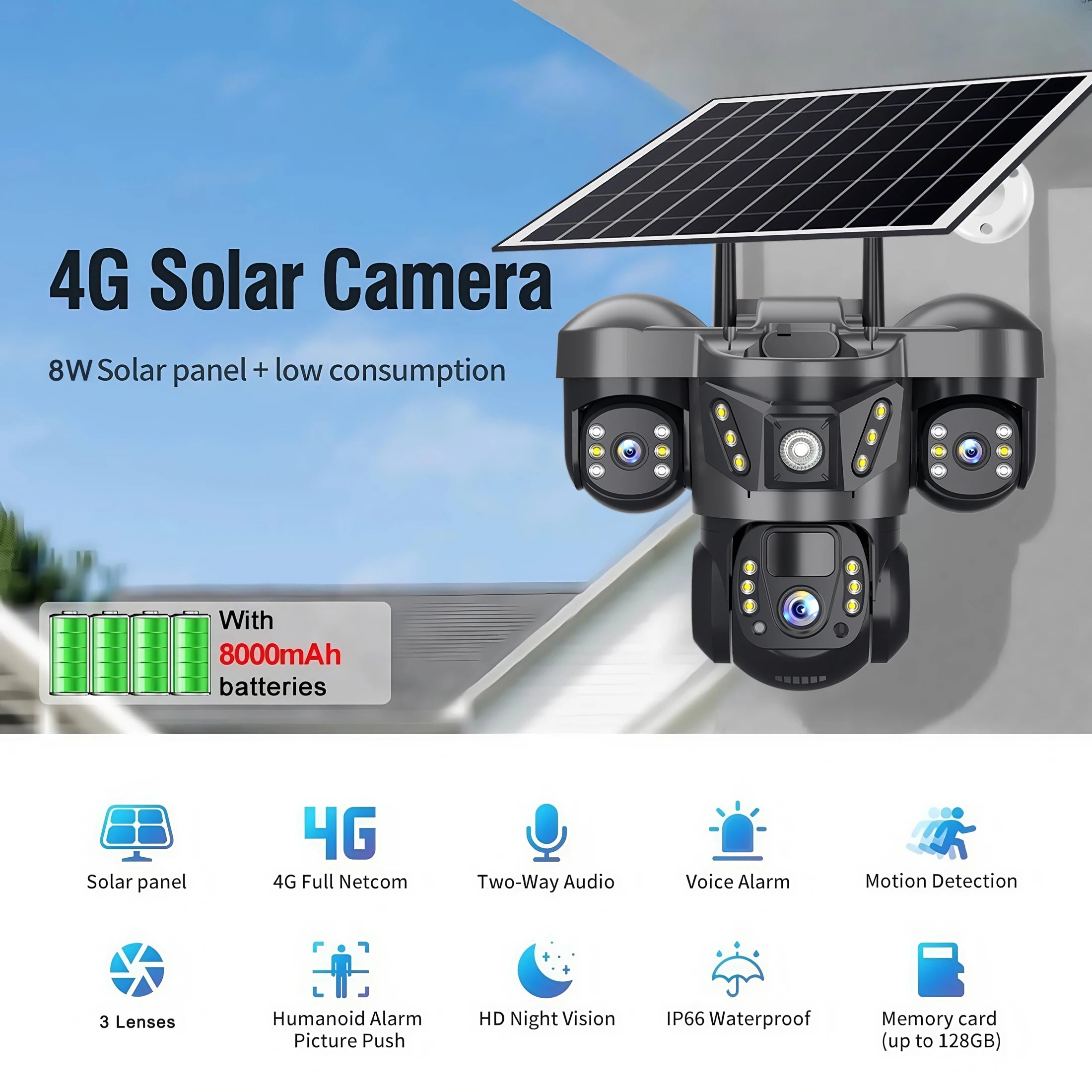 V380 15 MP Solar Camera Three Lens Two-Way Audio Outdoor IP66 Waterproof Built-in Battery Security CCTV 6K HD 4G Network Camera