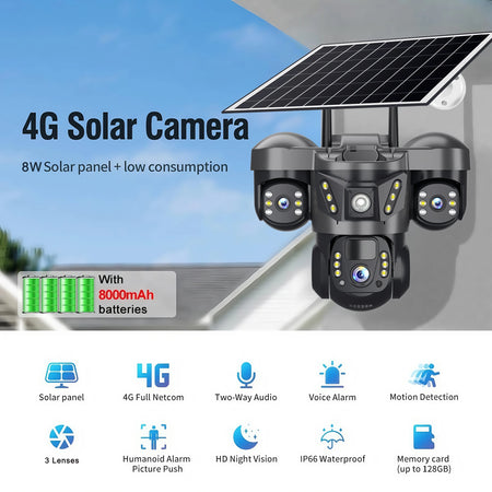 V380 15 MP Solar Camera Three Lens Two-Way Audio Outdoor IP66 Waterproof Built-in Battery Security CCTV 6K HD 4G Network Camera