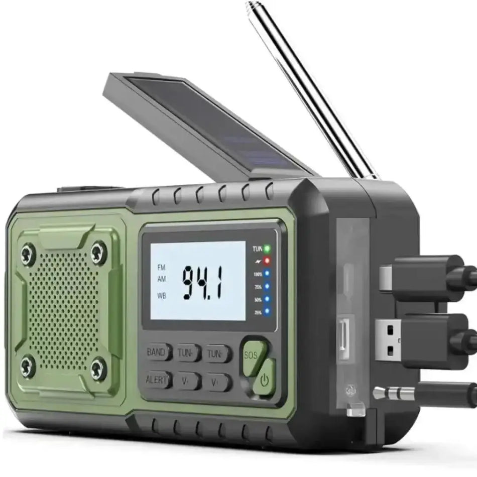 Radio d'urgence solaire de 4000mAh avec manivelle, lampe de poche et chargeur de téléphone