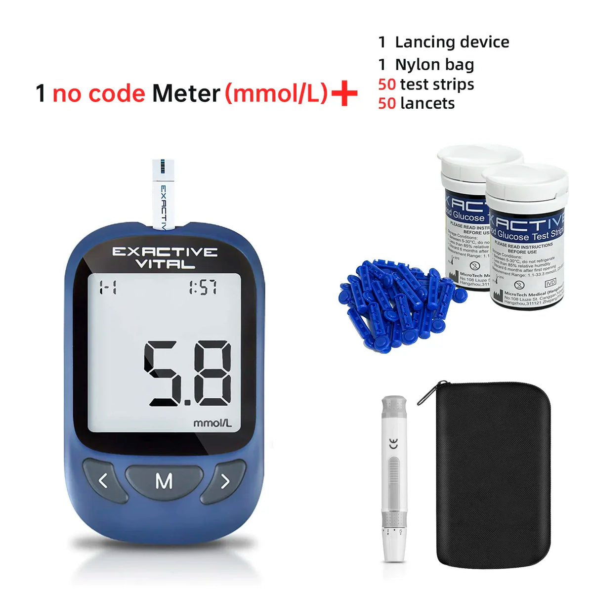 EXACTIVE VITAL Blood Glucose Tester Kit &ndash; Comprehensive Diabetic Monitoring mmol kit x50