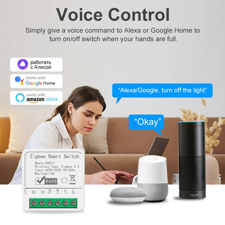 Zigbee2MQTT Zigbee3.0 Mini Smart Light Switch - 2 Way 16A Module, Google Home Compatible
