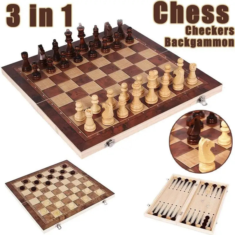 3 In 1 Foldable Wooden International Chess Board Portable