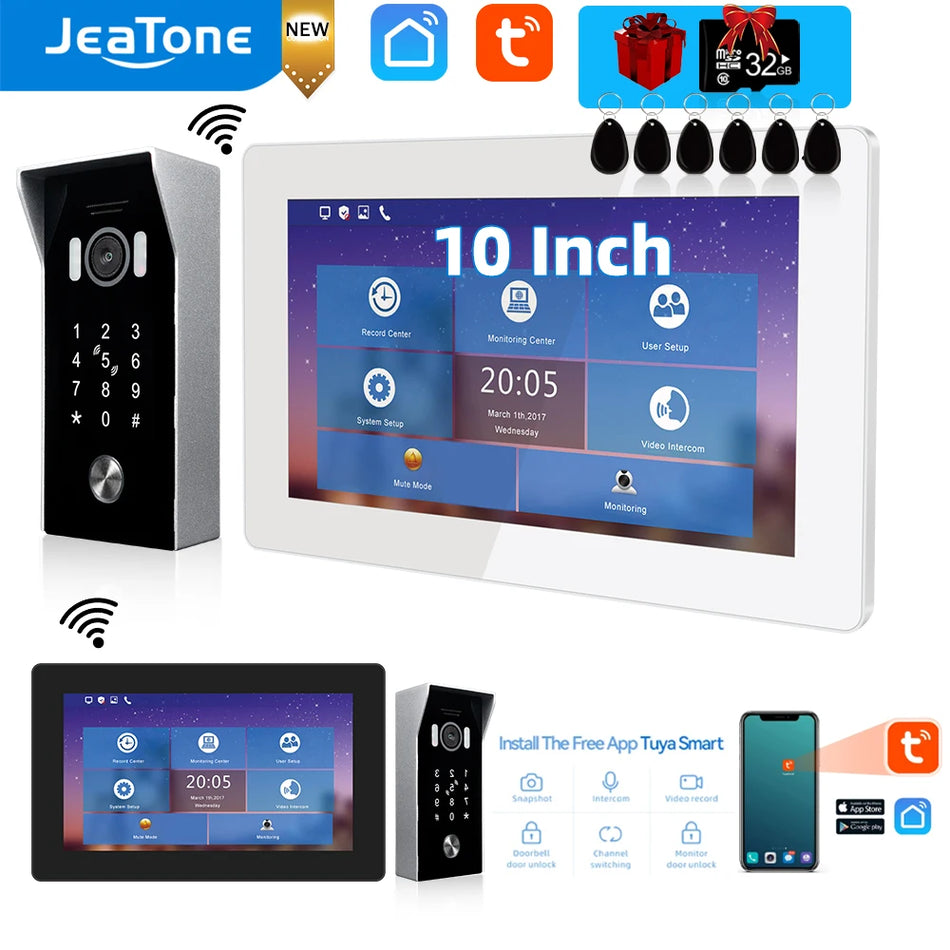 Jeatone 10 inch WIFI video intercom Full Touch screen Monitor 960P video doorbell tuya smart  with RIFC coder / password unlock