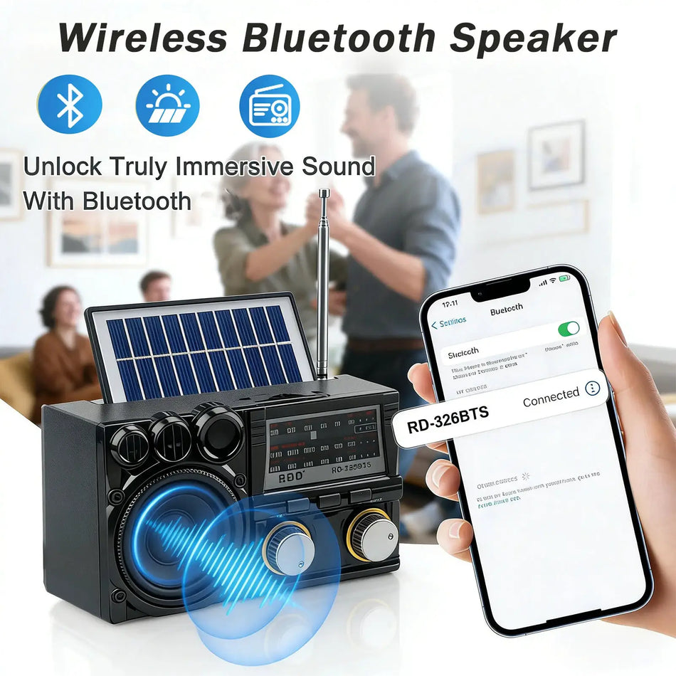 Portable Emergency Radio Vintage Solar Charging FM AM SW Radios Rechargeable Bluetooth Speaker TF Card USB Slot Full Band Radio by InterCyprus Trading Ltd