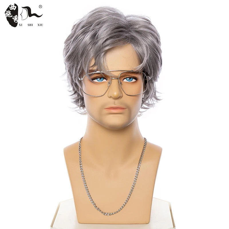 XISHIXIU Men's Silver Gray Wavy Synthetic Wig - Short Straight Pixie Cut ZY-154 / 1pc