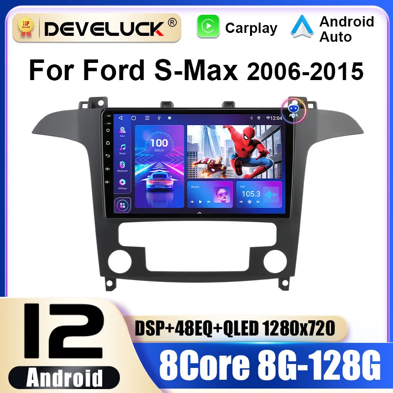 Ραδιόφωνο αυτοκινήτου 2 Din Android 12 για Ford S Max 2007 2015 GPS Πλοήγηση CarPlay 4G IPS Οθόνη αφής Κεντρική μονάδα