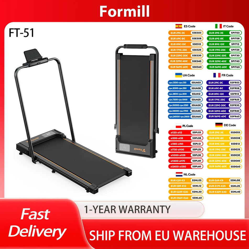 Chodící pás Treadmill FT-51 s motorem 2,5 HP, LED displejem, AC 200V 50Hz, skládací s běžeckou plochou 100x38 cm, 1–6 km/h
